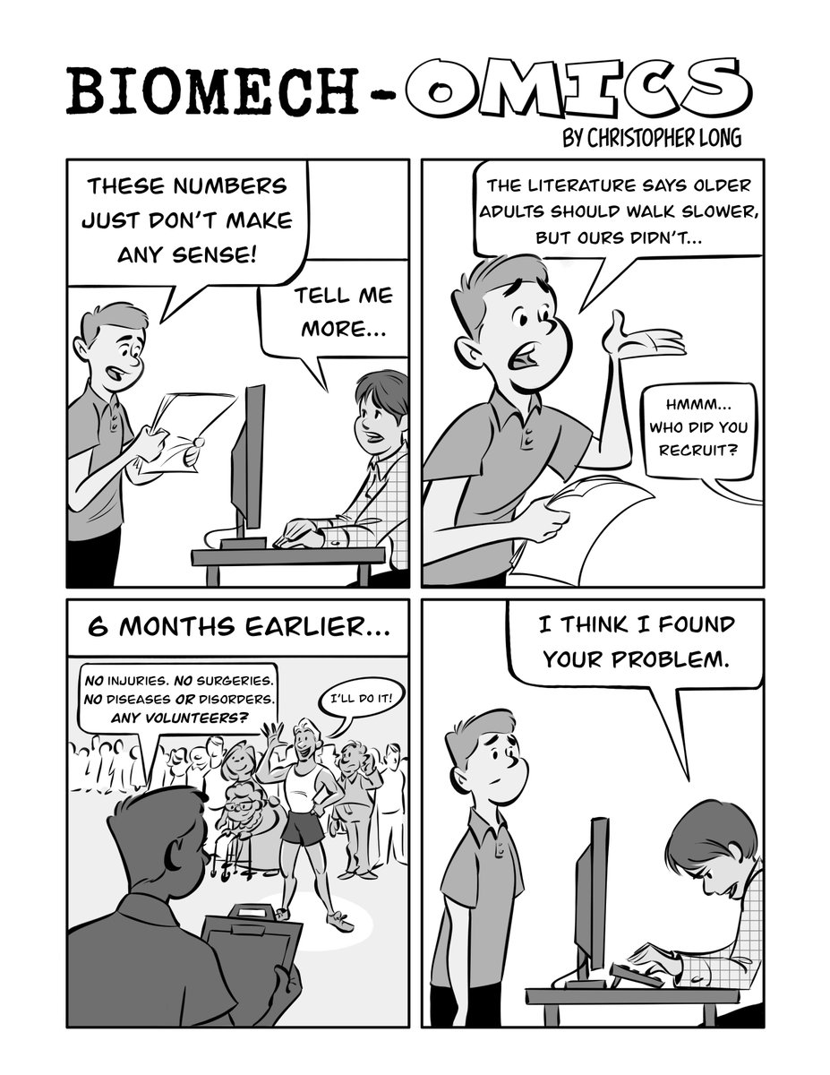 Christopher Long (@clong_biomech) on Twitter photo It's 4-Panel Friday! Every two weeks, I will post a new Biomech-omic. I plan to alternate between current topics/issues, research highlights, and biomechanics concepts.
Today's comic highlights a common issue in aging research. How generalizable is your data? Food for thought! It's 4-Panel Friday! Every two weeks, I will post a new Biomech-omic. I plan to alternate between current topics/issues, research highlights, and biomechanics concepts.
Today's comic highlights a common issue in aging research. How generalizable is your data? Food for thought!