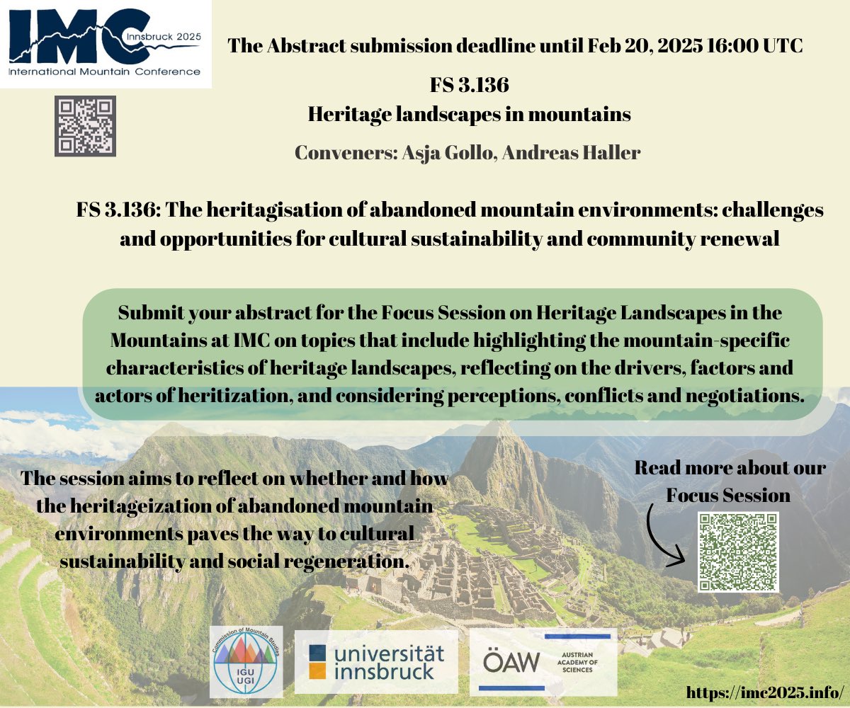 #IMC25 #MountainConference  <a href="/aohaller/">Andreas Haller</a> FS 3.136: The heritagisation of abandoned mountain environments: challenges and opportunities for cultural sustainability and community renewal imc2025.info/imc25/sessions…