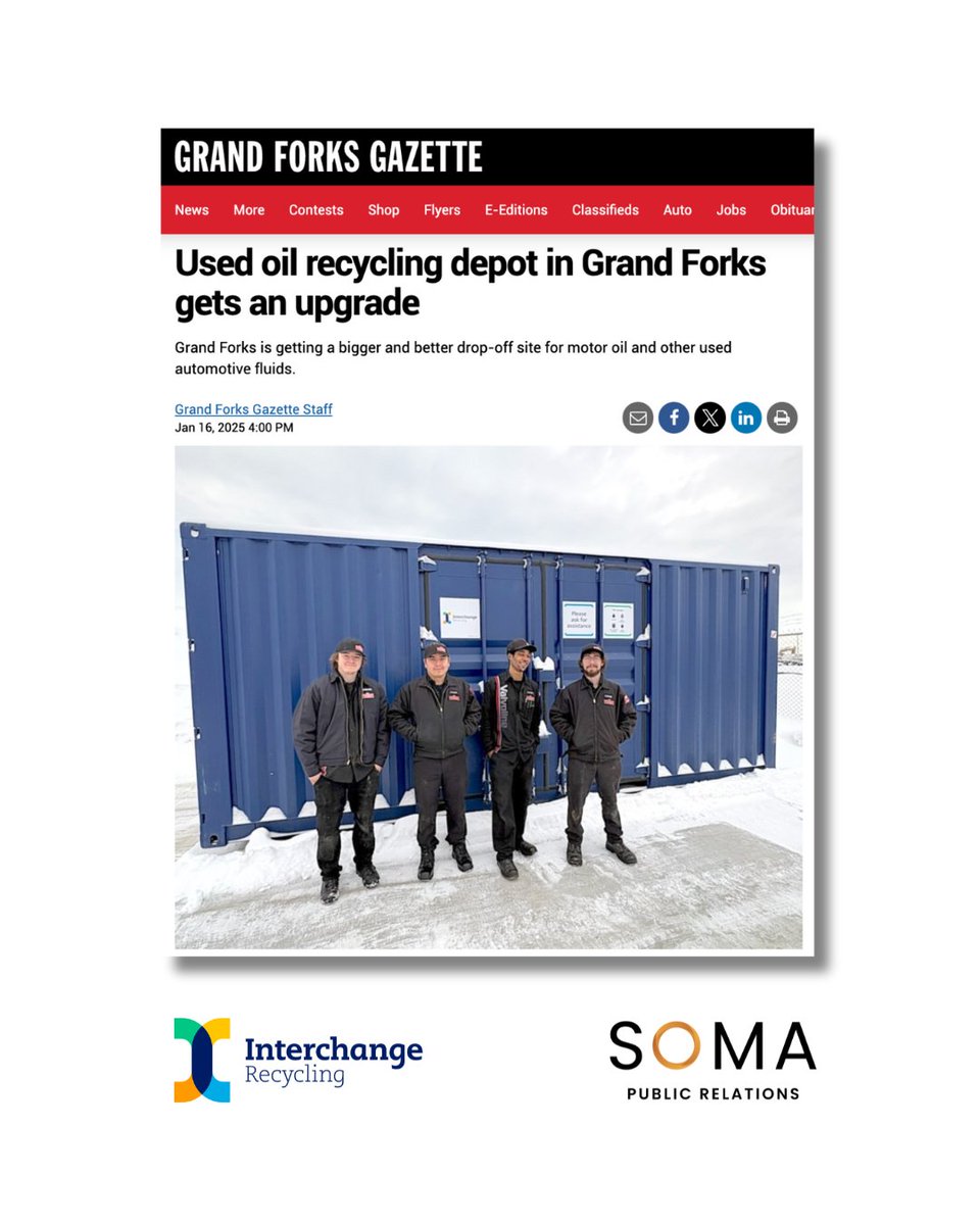 Our latest coverage for <a href="/InterchangeRec/">Interchange Recycling</a>:

Grand Forks is getting a bigger and better drop-off site for motor oil and other used automotive fluids.

Read the full article: somapublicrelations.com/news/used-oil-…

#interchangerecycling #grandforks #usedoil #usedantifreeze #antifreeze #motoroil