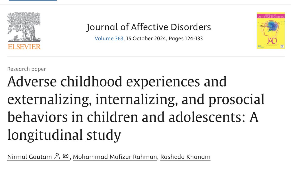 2024 study: "Findings highlight that ACEs significantly influence behavioral outcomes in children &amp; adolescents. These findings underscore the critical need for early detection &amp; interventn to mitigate the consequences of traumatic childhood experiences."
sciencedirect.com/science/articl…