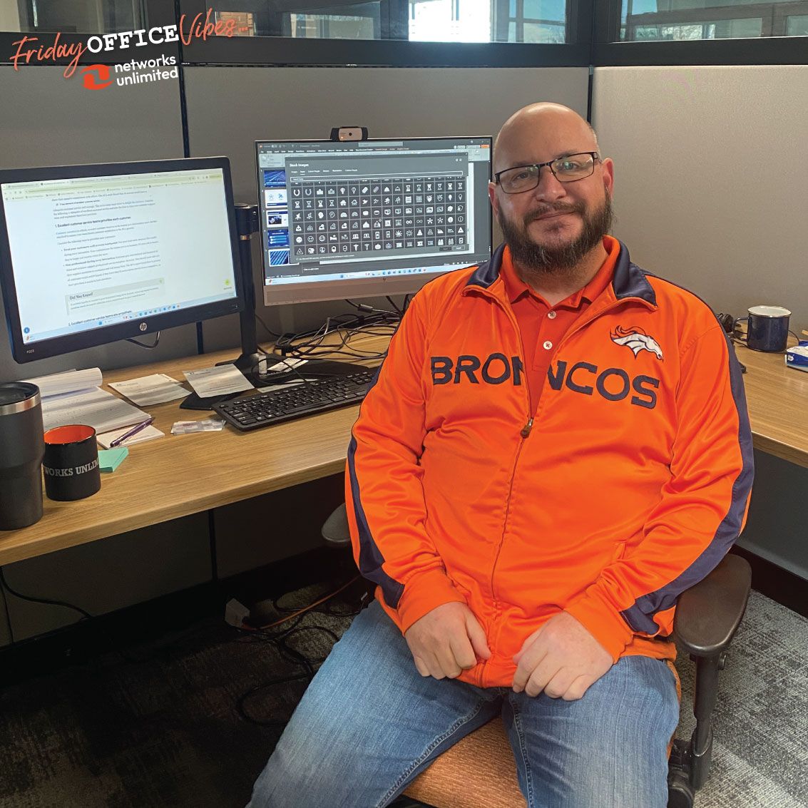 NetworksUGJ's tweet image. It&apos;s the Friday before Super Bowl Sunday and we&apos;ve got a Bronco fan in the building. Who do you think will win the Super Bowl? 
.
.
.
#wemakeitsimple #networksunlimited #businesstechnology #serviceproviders #superbowlsunday #informationtechnology #westslopebestslope