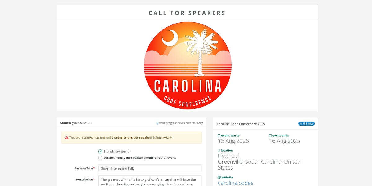 Call for Speakers 2025 is open!: The 2025 Call for Speakers is open on Sessionize!

The expanded 2024 Carolina Code Conference went off without a hitch, featuring 30 speakers after receiving 209 talks submissions in our two day single track event. A good… blog.carolina.codes/p/call-for-spe…