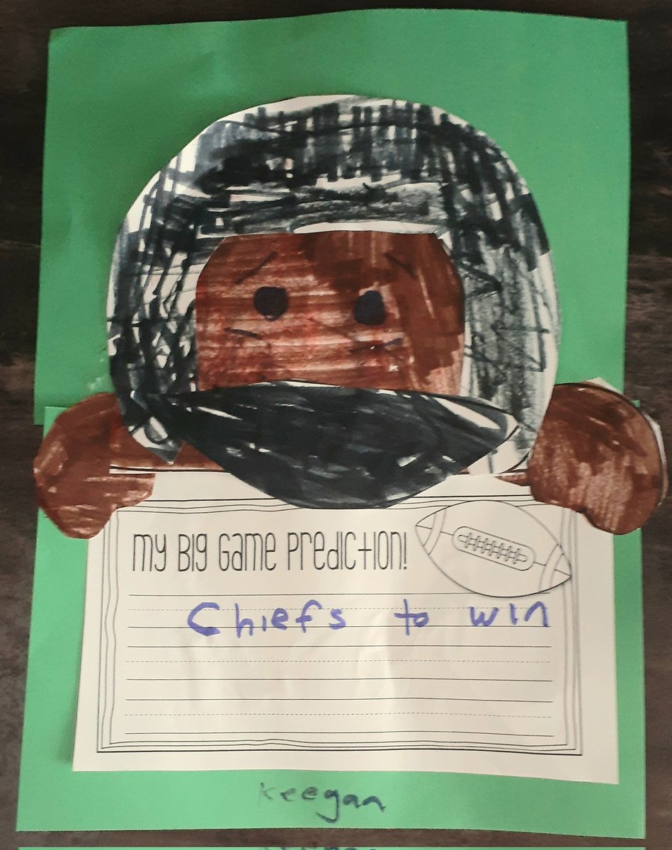 Another wonderful week at school 🏫 
💚 or ❤
Keegan picked between Green and Red for his player and then colored him with 'Hand and over Hand' also helped place the names of the equipment.  Fantastic Son!  FOOTBALL ... SUPERBOWL SUNDAY 🏈