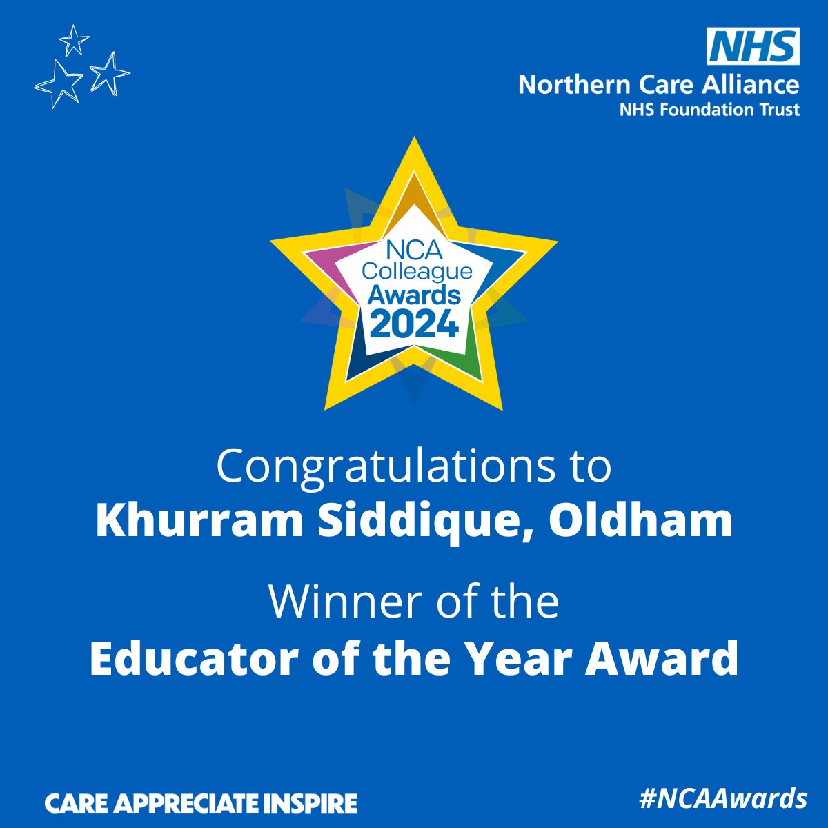 Our next award is the Educator of the Year Award. This award goes to a person who has a passion for educating the next generation of junior surgical trainees.

The winner is Khurram Siddique. #NCAAwards
