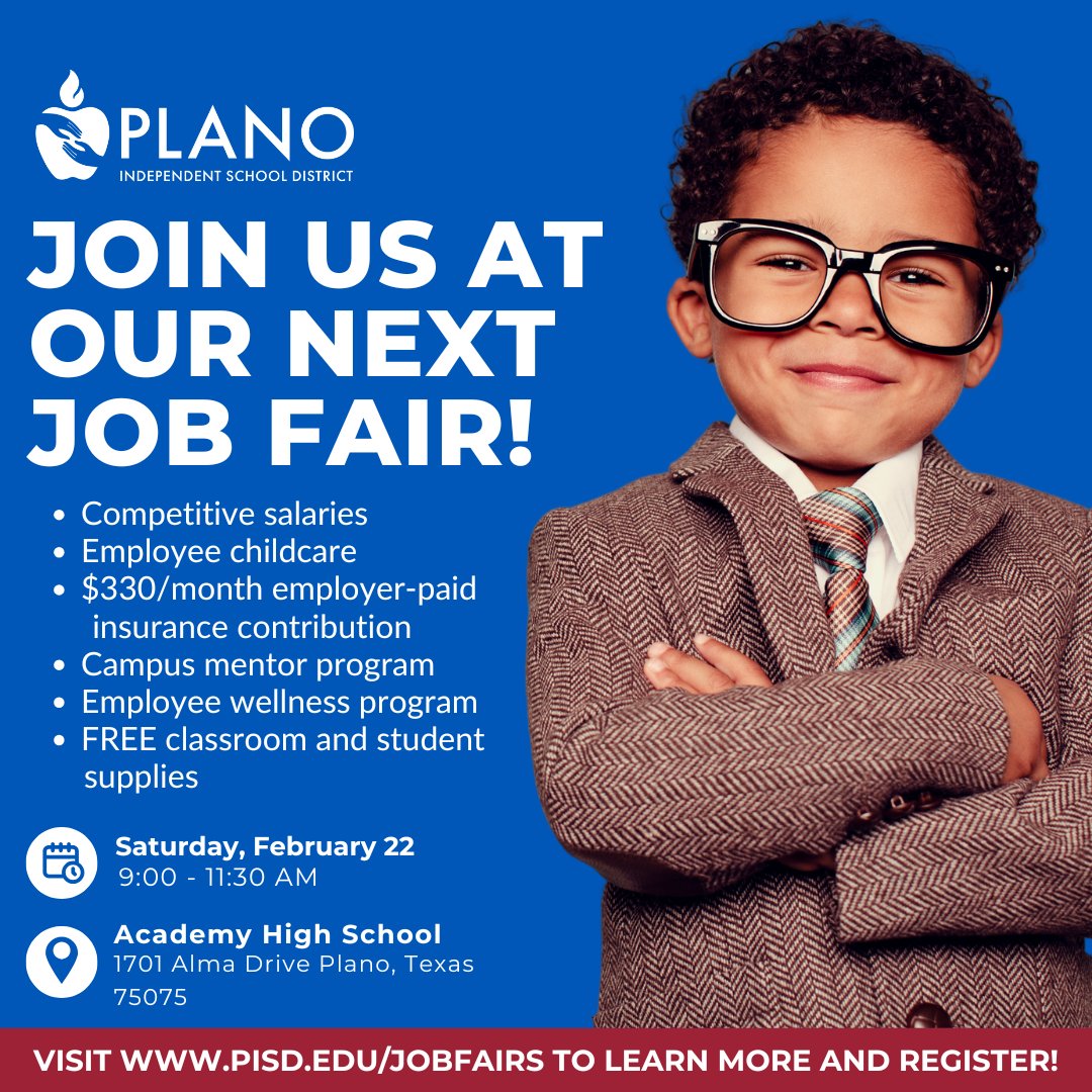 🏆 Plano ISD Wants YOU! 🏆
📅 Job Fair | 🗓️ Sat, Feb 22, 2025 | ⏰ 9-11:30 AM
📍 Academy HS, 1701 Alma Dr, Plano, TX
🏀 Whether you're a pro or just starting, there's a place for you!
🔗 Register now: pisd.edu/employment