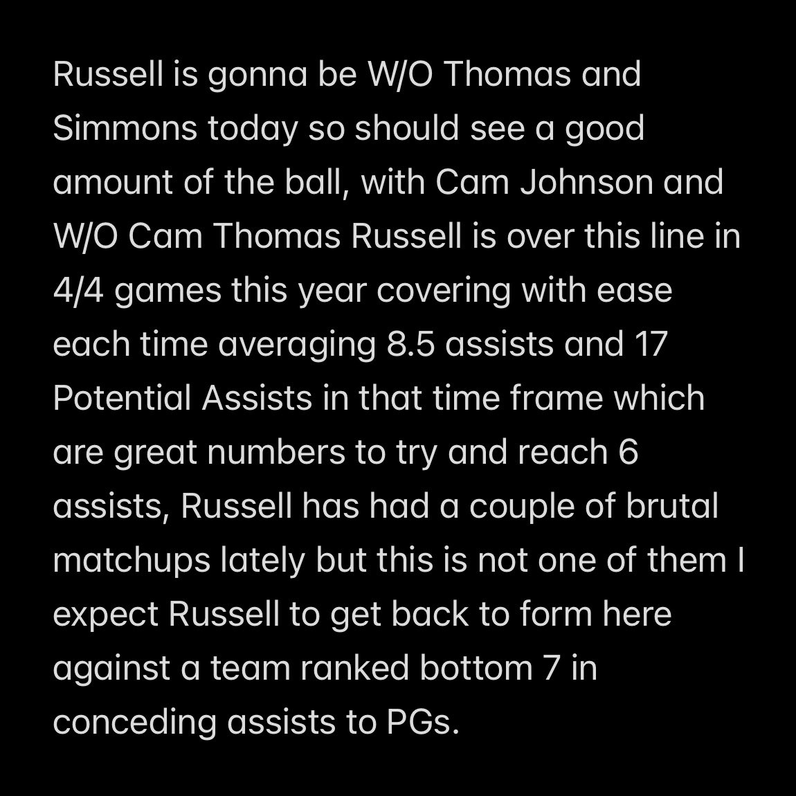 BnLTips's tweet photo. NBA BET #3
D’Angelo Russell O5.5 AST $1.68 1.25U
Sports Bet

Reasoning 👇 https://t.co/T5DyelAbub