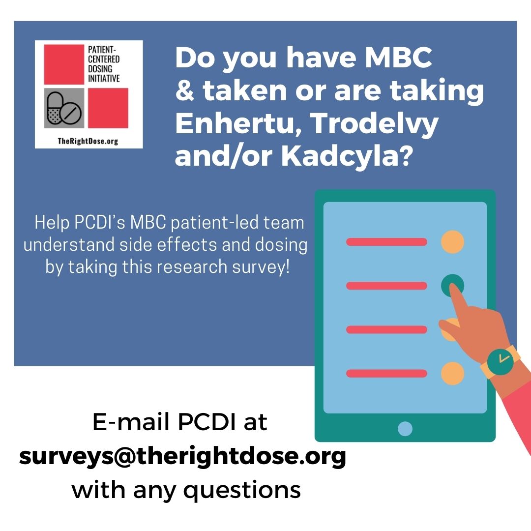 Julia Maués (@itsnot_pink) on Twitter photo PCDI <a href="/the_rightdose/">the.right.dose</a> is again collecting data on the experience of people with MBC regarding treatment, tolerability & QoL.
Our latest survey focuses on those who have taken an Antibody-Drug-Conjugate (approved or in a clinical trial).
đą Take the survey & make your voice heard! PCDI <a href="/the_rightdose/">the.right.dose</a> is again collecting data on the experience of people with MBC regarding treatment, tolerability & QoL.
Our latest survey focuses on those who have taken an Antibody-Drug-Conjugate (approved or in a clinical trial).
đą Take the survey & make your voice heard!