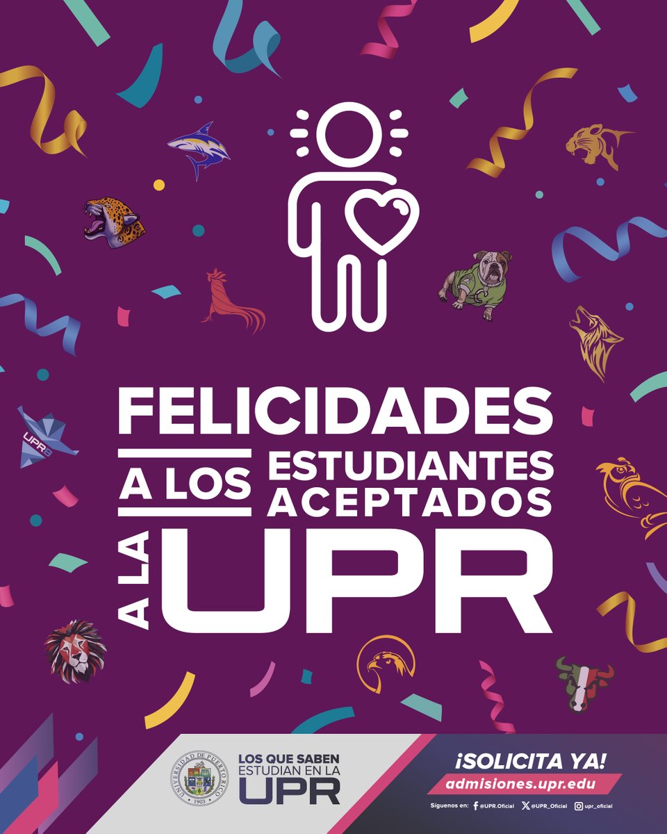 ¡La #UPR celebra 🥁 a los 8,000 estudiantes aceptados y quiere que tú también formes parte! ✨

Solicita ya y únete a los miles que han sido aceptados en la #UPR, la universidad líder en Puerto Rico. La solicitud en línea está abierta hasta agosto de 2025.