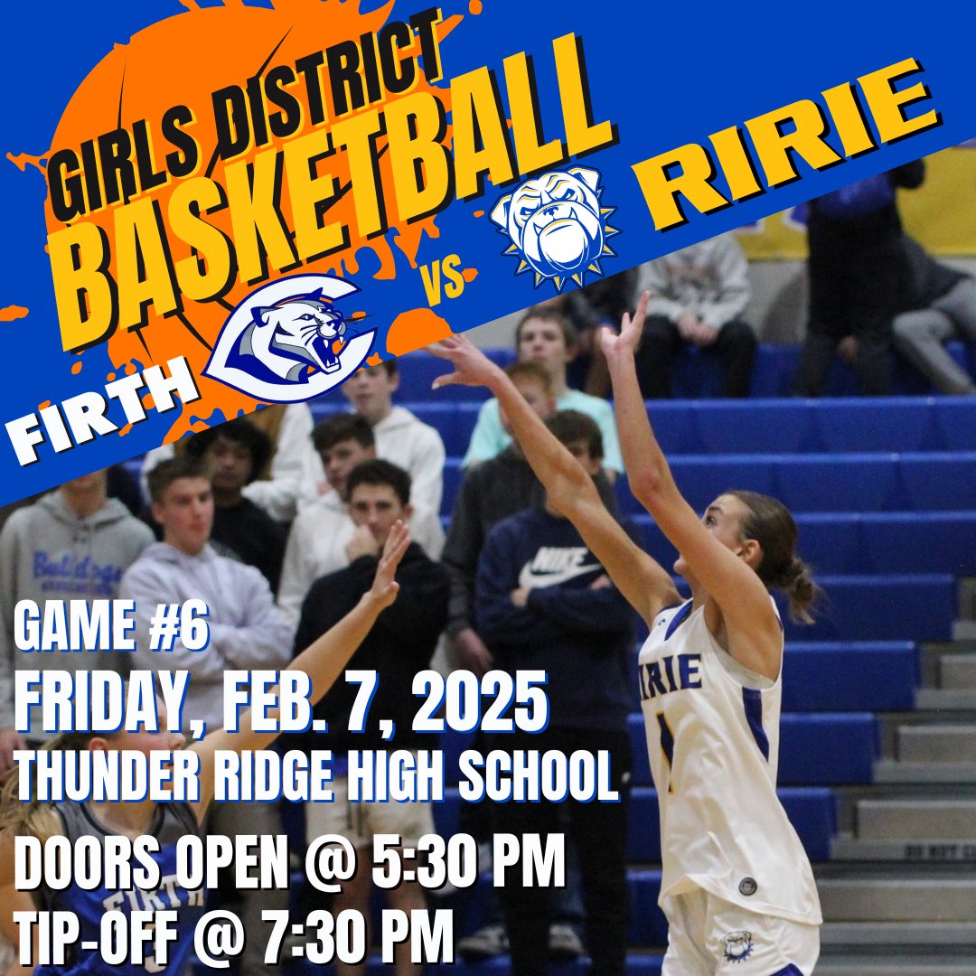 HUGE High School Girls Basketball Game tonight! It’s the district tournament semifinals vs Firth at 7:30 pm at Thunder Ridge High School in Idaho Falls! Come cheer on the Bulldogs to victory!
#WeAreRirie #idpreps