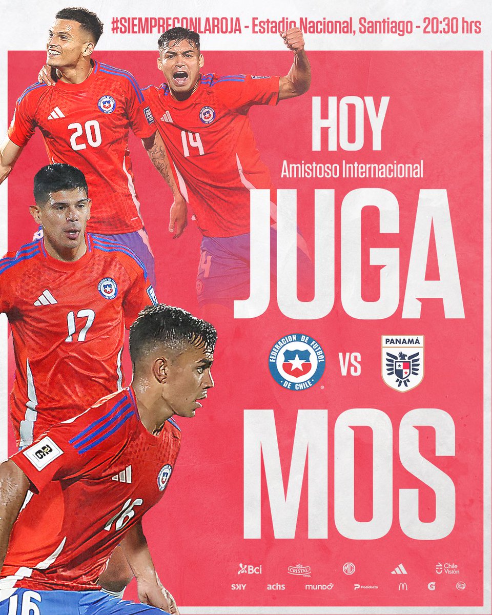 ES HOY‼️🔥

#LaRoja 🇨🇱 enfrenta a Panamá 🇵🇦, en su primer partido amistoso del año. 

🇨🇱🆚🇵🇦
🗓️ Sábado 8 de febrero 
🕣 20:30hrs
🏟️ Estadio Nacional

#SiempreConLaRoja