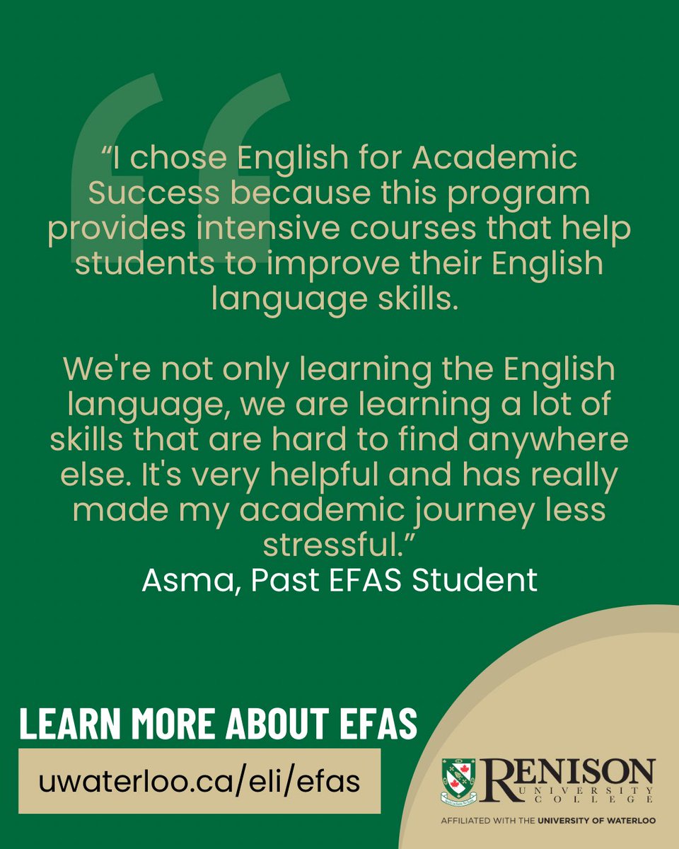 Join us for our first Course Spotlight! ✨ 

This week, we feature the EFAS course “Enhancing Academic Skills Through Integrated Learning”.

🔗 We welcome you to visit uwaterloo.ca/eli/efas to learn more about our English For Academic Success program! 

#UWaterloo #studyabroad