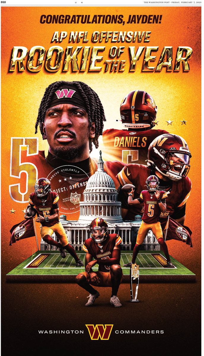NickiJhabvala's tweet photo. The Commanders got a billboard on New York Ave. in D.C., took out ads in The Washington Post and The Washington Times, and created a separate web page in honor of Jayden Daniels's Offensive Rookie of the Year award.

https://t.co/ZiffbehGoh https://t.co/7yAR6oNFSI