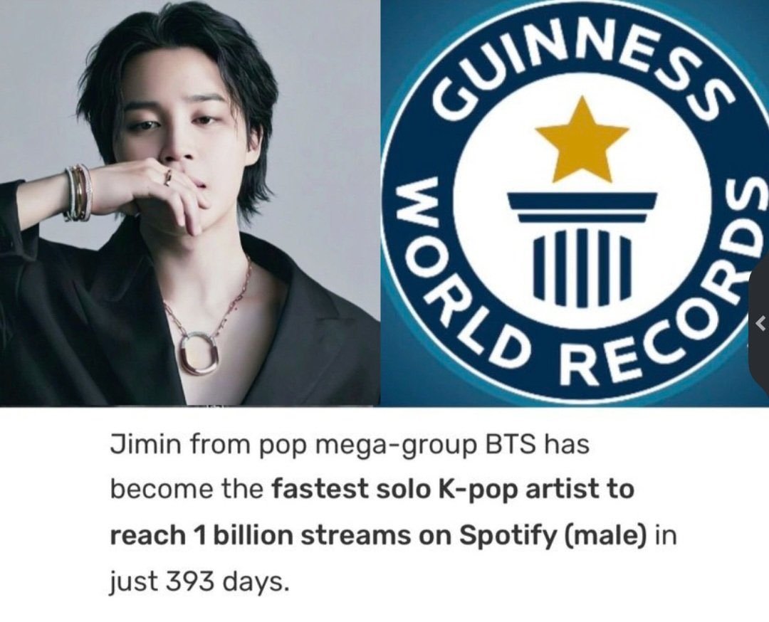 😱😭 ¡Jimin fue oficialmente reconocido por los Guinnes World Records como el artista solista de Kpop más rápido en alcanzar 1 BILLÓN de streaming en Spotify en apenas 393 días!

“Jimin del mega grupo pop BTS se ha convertido en el artista de Kpop en solitario más rápido en