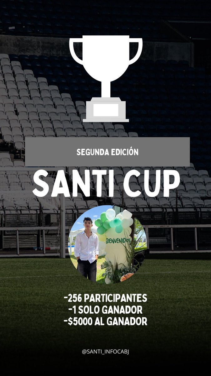 RE ABRO INSCRIPCIÓNES PARA LA SANTI CUP (si, perdí el formulario con los participantes, así que tengo que hacerlo de nuevo).

REQUISITOS:
-Like y RT al post
-Comentar “participó”

EL PREMIO SON 5000 PESOS. HAY CUPO PARA 256 PERSONAS. ANÓTENSE PARA HACER UNO DE LOS MEJORES TORNEOS