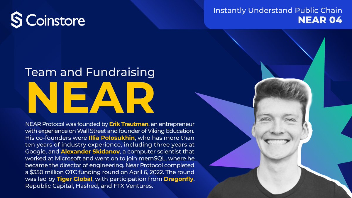 Know #NEAR in Seconds! Founded by Erik Trautman alongside tech veterans  Illia Polosukhin and Alexander Skidanov. Raised $350M in April 2022 led by  Tiger Global with Dragonfly & others. 👉 Learn more