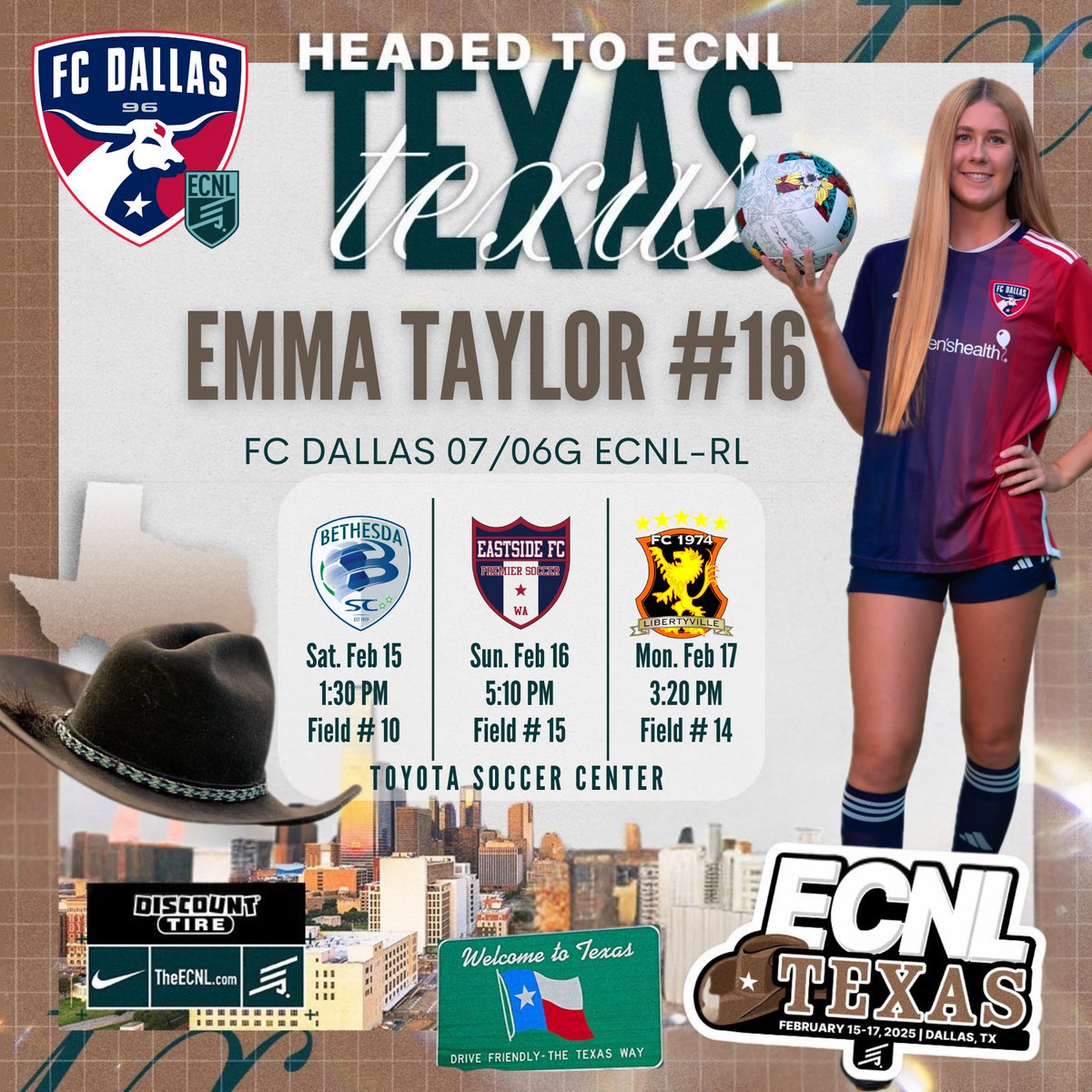 Emma Taylor (@emmataylor2025) on Twitter photo ECNL Dallas is coming up. Although I can't play due to a back injury, I'll be there supporting my teammates as they play some competitve socer‼️
<a href="/FCDallas07gECRL/">FC Dallas 07/06G ECNL RL1</a>
<a href="/ImYouthSoccer/">ECNL/GA/Recruiting/College Soccer</a>
<a href="/ImCollegeSoccer/">College Soccer Truth ™</a> ECNL Dallas is coming up. Although I can't play due to a back injury, I'll be there supporting my teammates as they play some competitve socer‼️
<a href="/FCDallas07gECRL/">FC Dallas 07/06G ECNL RL1</a>
<a href="/ImYouthSoccer/">ECNL/GA/Recruiting/College Soccer</a>
<a href="/ImCollegeSoccer/">College Soccer Truth ™</a>