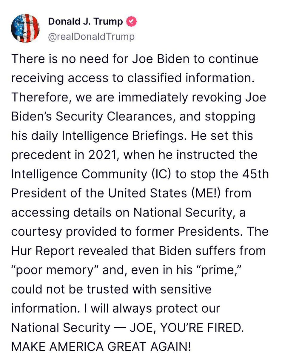 stingerdelux's tweet photo. Trump revoking Biden’s security clearance is less about national security and more about petty revenge theatre. Quiet diplomacy? Nah, let’s broadcast it like a WWE promo. #PoliticalSoapOpera #RevengeOfTheTweets https://t.co/PNYXhAWCsw