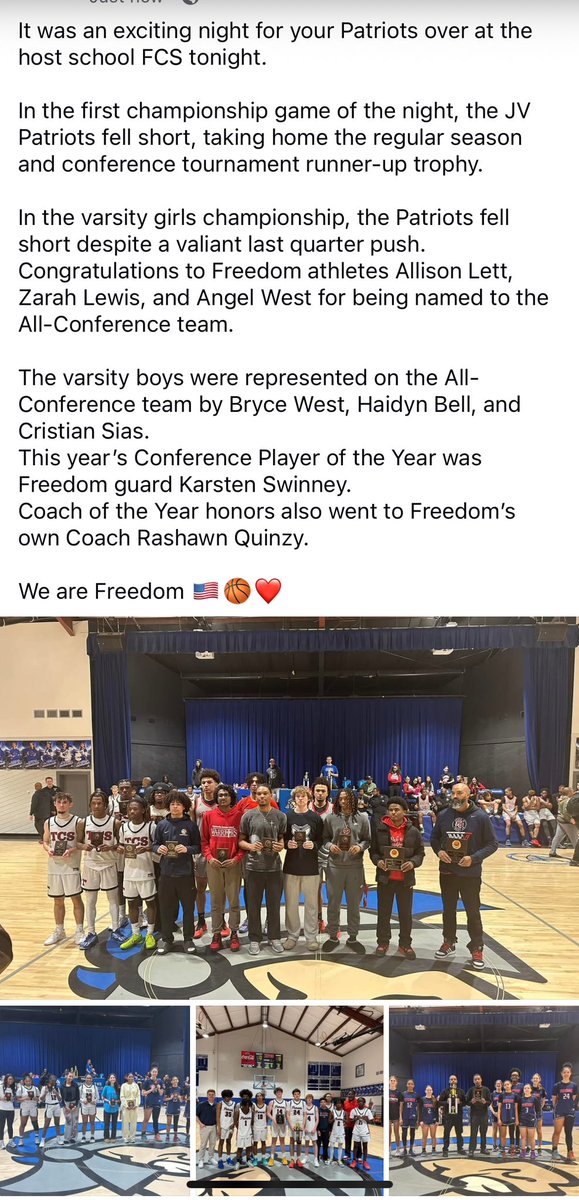 FreedomAthletics (@freed0mathletic) on Twitter photo Good night for the Patriots tonight.
Congrats to All-Conference players:
<a href="/alliitootuff/">Allison Lett</a>
Zarah Lewis
Angel West
<a href="/brycewest___/">Bryce West</a>
<a href="/Cashout5k/">Haidyn Bell</a>
Cristian Sias
POY: <a href="/1karstennn/">Karsten Swinney</a>
COY: <a href="/CoachQ_FCA/">Rashawn Quinzy</a> Good night for the Patriots tonight.
Congrats to All-Conference players:
<a href="/alliitootuff/">Allison Lett</a>
Zarah Lewis
Angel West
<a href="/brycewest___/">Bryce West</a>
<a href="/Cashout5k/">Haidyn Bell</a>
Cristian Sias
POY: <a href="/1karstennn/">Karsten Swinney</a>
COY: <a href="/CoachQ_FCA/">Rashawn Quinzy</a>