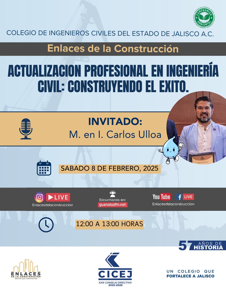 cicej_'s tweet photo. ACTUALIZACIÓN PROFESIONAL EN INGENIERÍA CIVIL: CONSTRUYENDO EL ÉXITO.

¡No te pierdas esta gran entrevista en Enlaces de la Construcción! 

Con el director del Centro de Actualización Profesional (CAP) de nuestro colegio, el Ing. Carlos Ulloa.

📅 Fecha: Sábado 8 de febrero, 2025
⏰ Horario: 12:00 - 13:00 hrs

Transmisión en vivo:
🎥 Instagram Live: @enlacesdelaconstruccion 
📻 Escúchanos en: https://t.co/XFbUmD6pJY
🎬 YouTube & Facebook Live: Enlaces de la Construcción