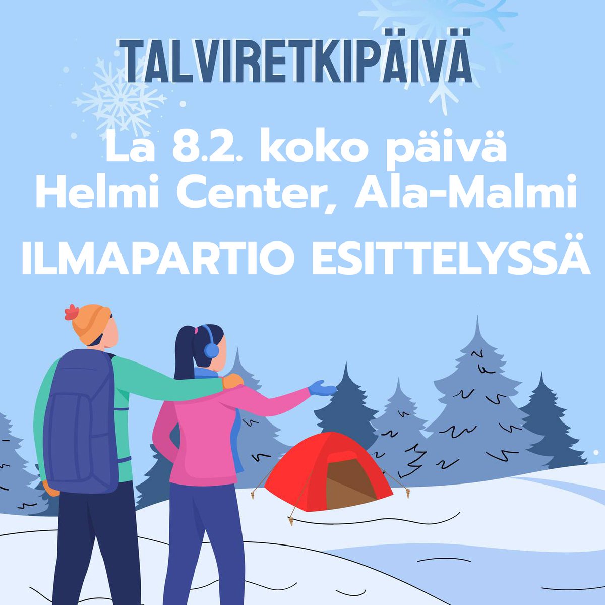 Lippukunta Talviretkipäivässä!

Tapahtumassa elämyksiä kaikille. Päivän päätteeksi yövymme puolijoukkueteltassa urbaanissa ympäristössä.

Esittelemme ilmapartiota koko päivän.

Lisätietoja: perho.fi/talviretkipaiv…

#ilmapartio #partioscout #talviretkipäivä #perholiiketalousopisto