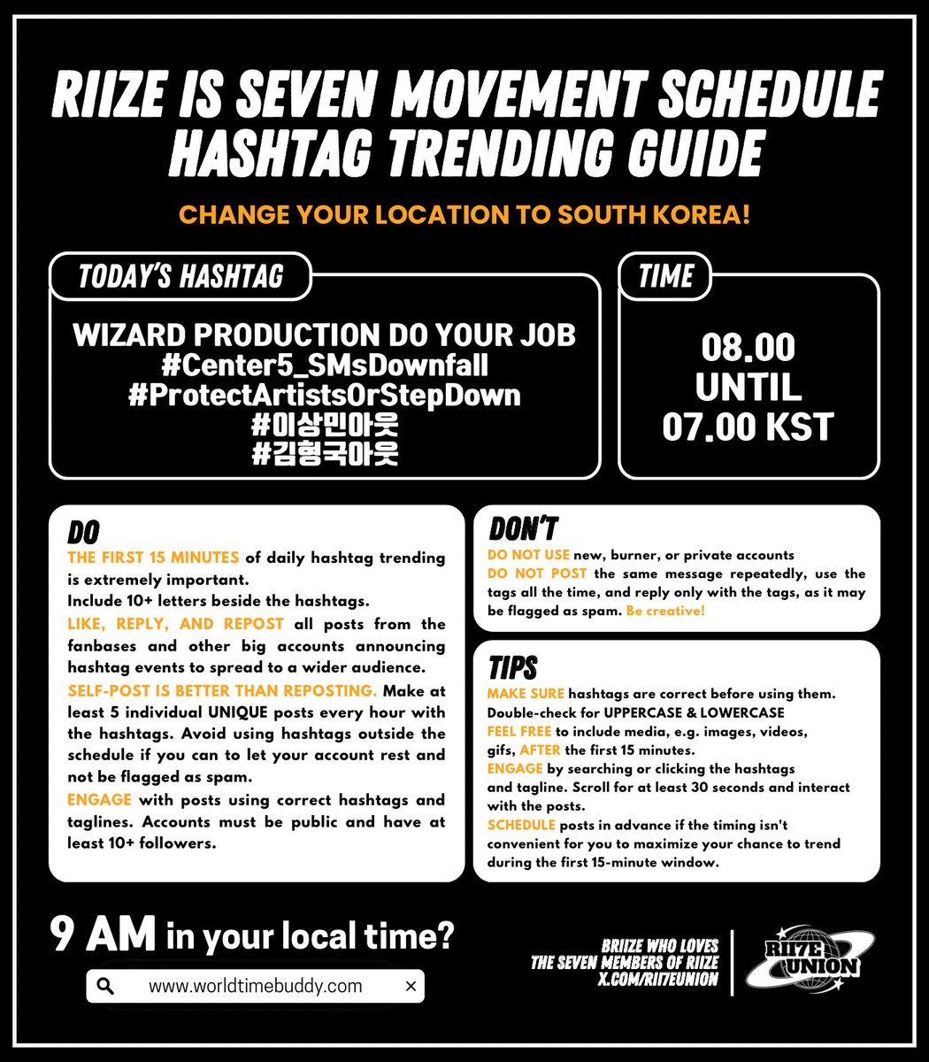 RII7EUNION's tweet photo. RIIZE IS SEVEN MOVEMENT SCHEDULE
Day 93 - February 8th

BRII7E, let’s make our demands clear. SM’s inaction, miscommunication, and failure to protect artist rights have eroded trust and enabled harassment—while Wizard Production’s mismanagement deepens systemic issues. With the quarterly meeting approaching, our voices will be heard. We demand justice and decisive, transparent action—no more excuses.

📌 TEMPLATES
☆ Mass post SM's wrongdoings: https://t.co/3I2QpFbLJy
☆ Mass post our demands: https://t.co/aV34dnJfGz 
☆ Mass email SM & shareholders: https://t.co/f3EEUgRkio 
☆ Mass report report on Kwangya 119 Idea Square: https://t.co/8T4ocglnph
☆ Mass report on Kwangya119 Report Center: https://t.co/wixrSezETt
☆ Mass tag SM & Brands: https://t.co/ab9TtdKCfK 

📌 TODAY’S HASHTAG
WIZARD PRODUCTION DO YOUR JOB
#Center5_SMsDownfall
#ProtectArtistsOrStepDown
#이상민아웃
#김형국아웃