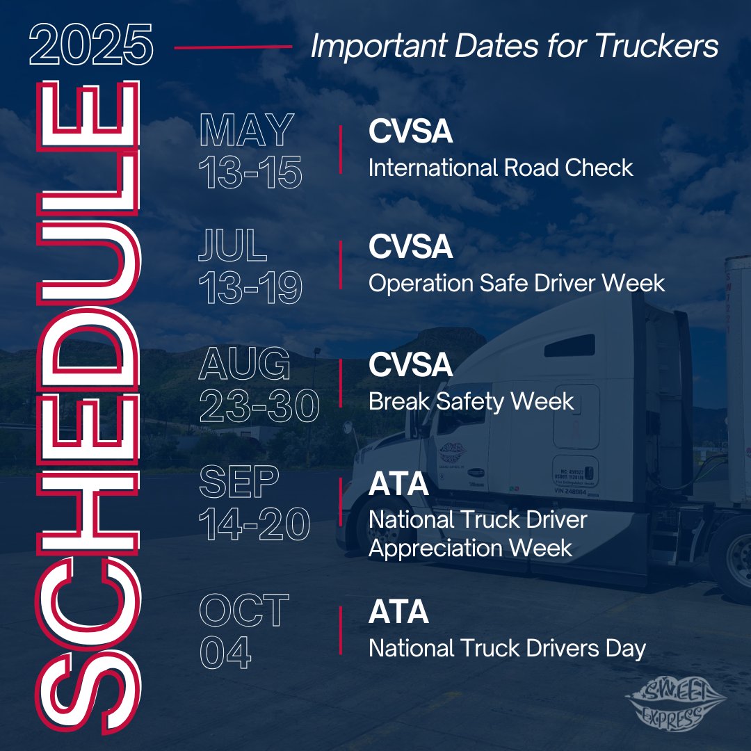 SweetExpressLLC's tweet image. Important dates in the trucking industry to be aware of this year.

#2025 #calendar #trucking #logistics #freight #truckdriver #truck #diesel #trucklife #important #CVSA #ATA #driver #drivers