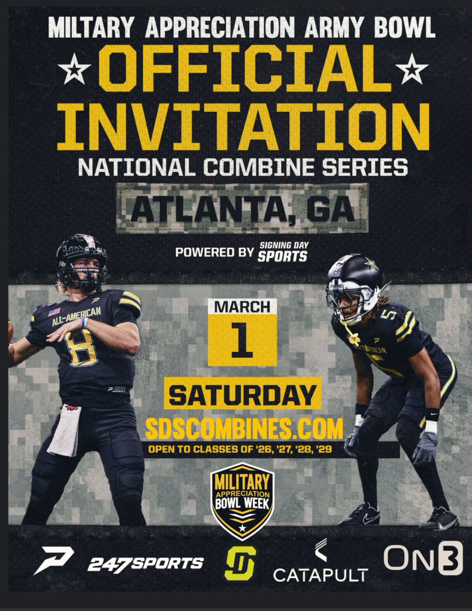 I will also be attending the Army bowl, March 1st <a href="/ChadSimmons_/">ChadSimmons</a> <a href="/RustyMansell_/">Rusty Mansell</a> <a href="/bigka54/">Kevin McAlmont</a> <a href="/hcbcg_jadams/">John Adams</a> <a href="/CoachMattPearce/">Matt Pearce</a> <a href="/UABRecruiting/">UAB FB Recruiting</a> <a href="/RecruitGeorgia/">Recruit Georgia</a> <a href="/FBCedarGrove/">Cedar Grove Football</a> <a href="/BallAtTheBeach/">Coastal Football Recruiting</a> <a href="/_CoachJames/">Coach James</a> <a href="/Coach_JDiBiaso/">Jonathan DiBiaso</a>