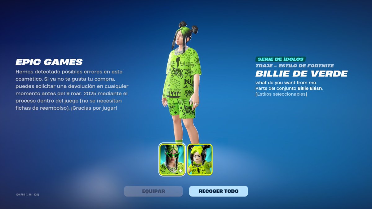 Jorge_Most's tweet photo. Billie de verde se puede devolver sin usar un ticket y recuperar los pavos gastados, antes del 9 de marzo.

#Fortnite | Gracias a @BATPLAY47. https://t.co/yM1LNwCu74