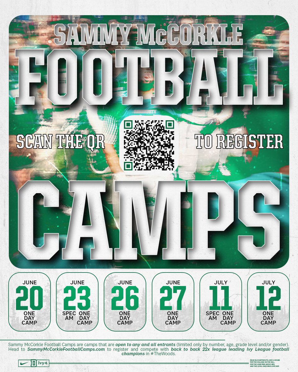 Come join 🏆back-to-back🏆 League Leading Ivy League Champs in The Woods for Sammy McCorkle Football Camps ‼️

Registration is now LIVE. 

Scan the QR code or head to SammyMcCorkleFootballCamps.com to register‼️

#TheWoods #GoBigGreen