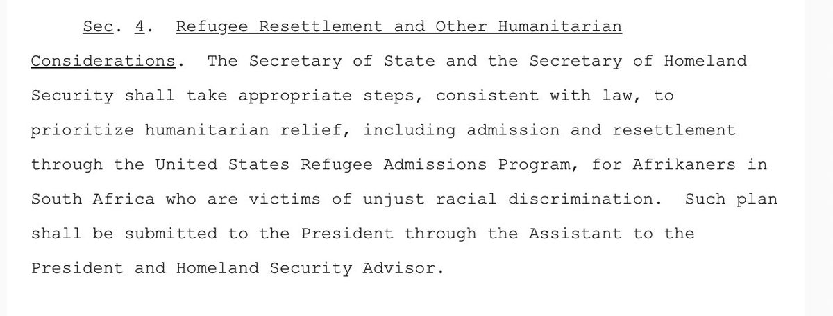 Bencjacobs's tweet photo. The White House just issued an executive order on South Africa that includes admitting Afrikaner South Africans as refugees to the United States https://t.co/EN0JukFFEp