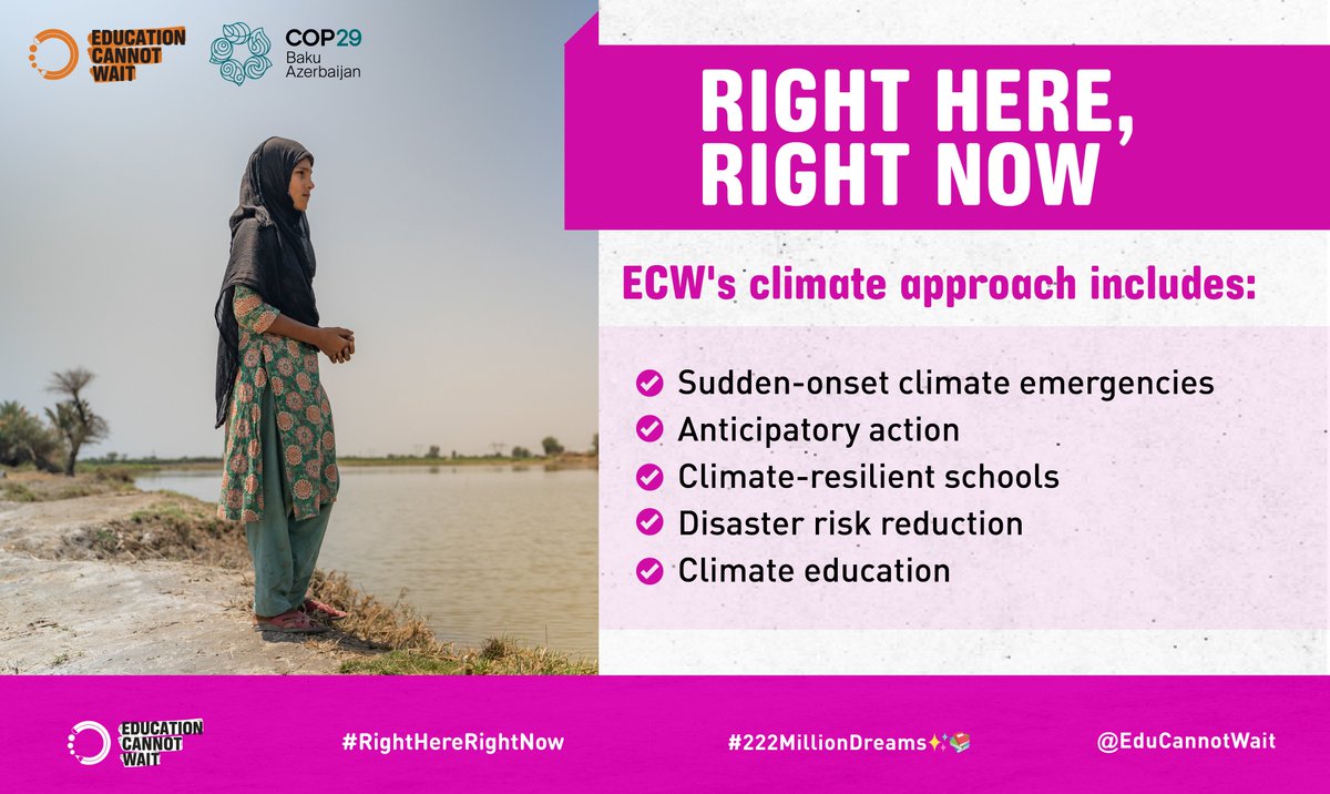 Education Cannot Wait (@educannotwait) on Twitter photo 📣<a href="/EduCannotWait/">Education Cannot Wait</a>, as the🌎fund for #EiEPC w/i the <a href="/UN/">United Nations</a>, is committed to ensure education is protected from climate-induced disasters!
#ECW's climate approach includes:
✔️Sudden-onset climate emergencies
✔️Anticipatory action
✔️Climate-resilient🏫
✔️#DRR
✔️Climate #education 📣<a href="/EduCannotWait/">Education Cannot Wait</a>, as the🌎fund for #EiEPC w/i the <a href="/UN/">United Nations</a>, is committed to ensure education is protected from climate-induced disasters!
#ECW's climate approach includes:
✔️Sudden-onset climate emergencies
✔️Anticipatory action
✔️Climate-resilient🏫
✔️#DRR
✔️Climate #education
