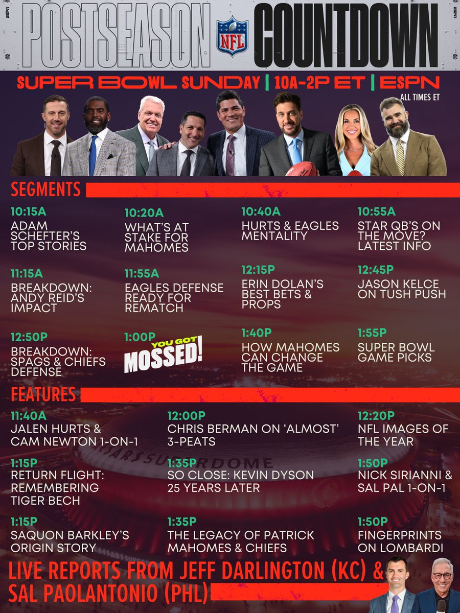 Postseason NFL Countdown — Super Bowl Sunday 

🏈 10a-2p ET | ESPN
