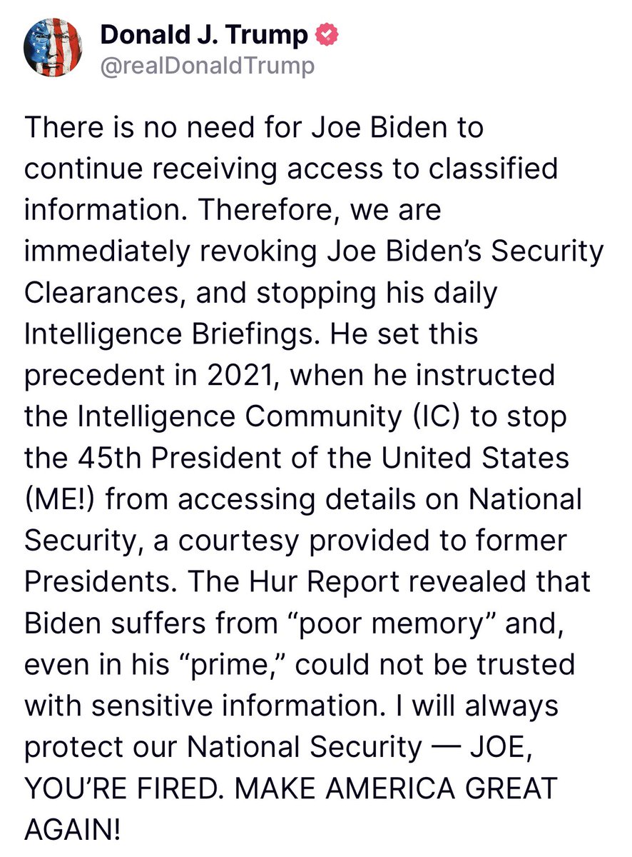 Scavino47's tweet photo. Happening Now—President Trump has revoked Joe Biden’s Security Clearances… https://t.co/x6fw1ROOlP