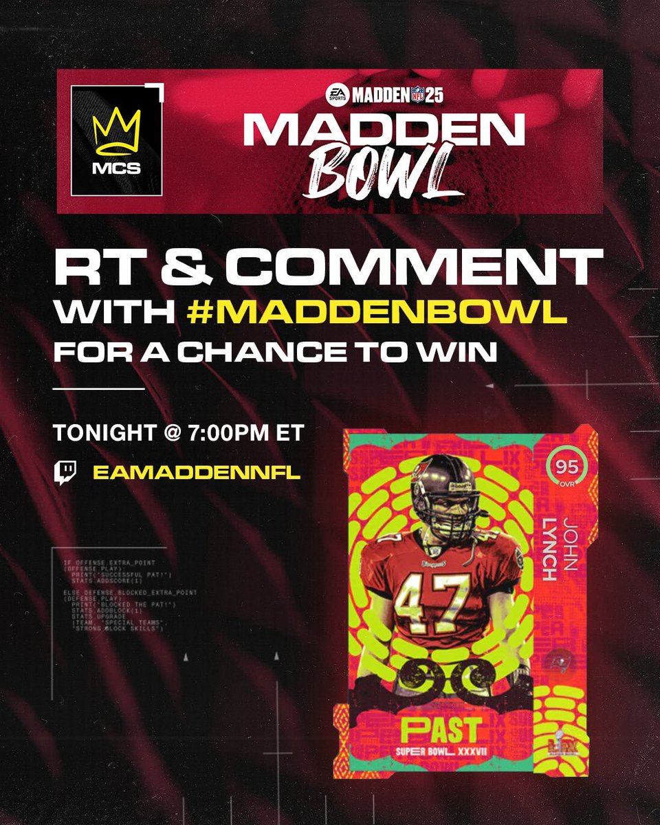 The <a href="/EAMaddenNFL_MCS/">Madden Championship Series</a> Madden Bowl is live!

RETWEET and COMMENT with #MaddenBowl for a chance to win 95 OVR John Lynch.

📺 twitch.tv/eamaddennfl