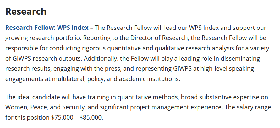 🆕 Georgetown Institute for Women, Peace &amp; Security studies [<a href="/giwps/">GU Women & Peace</a>] is looking for a Research Fellow!

Lead the Women, Peace &amp; Security index including analysis + dissemination or results, policy engagement

👀--&gt; giwps.georgetown.edu/join-our-team/