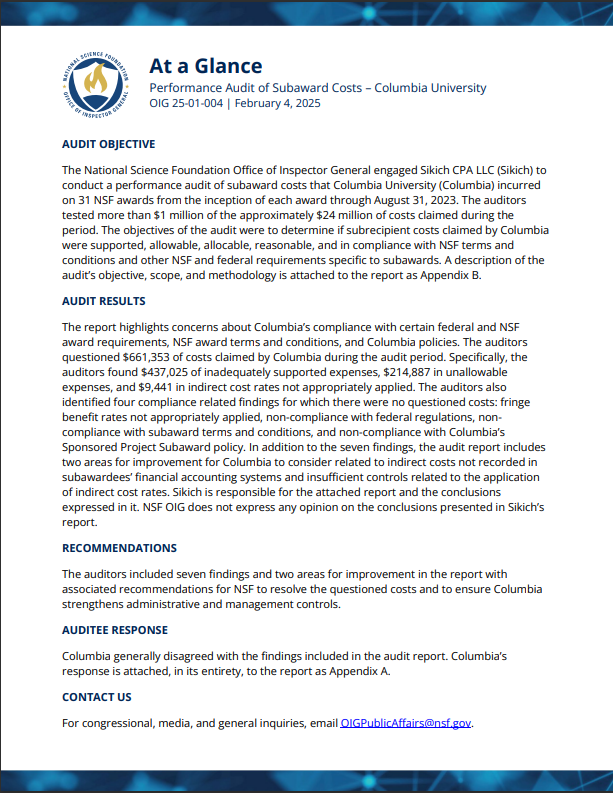 New Report: "Performance Audit of Subaward Costs – Columbia University. OIG Report No. 25-01-004, issued February 4, 2025" (oig.nsf.gov/reports/audit/…)