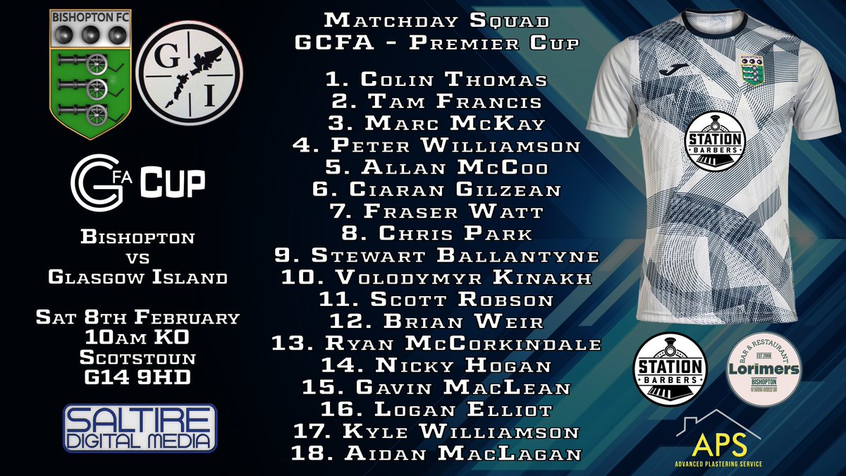 Todays Premier Cup, Matchday Squad vs Glasgow Island.

#monthebishy #stationbarbers #lorimers #apsadvancedplasteringservice #saltiredigitalmedia