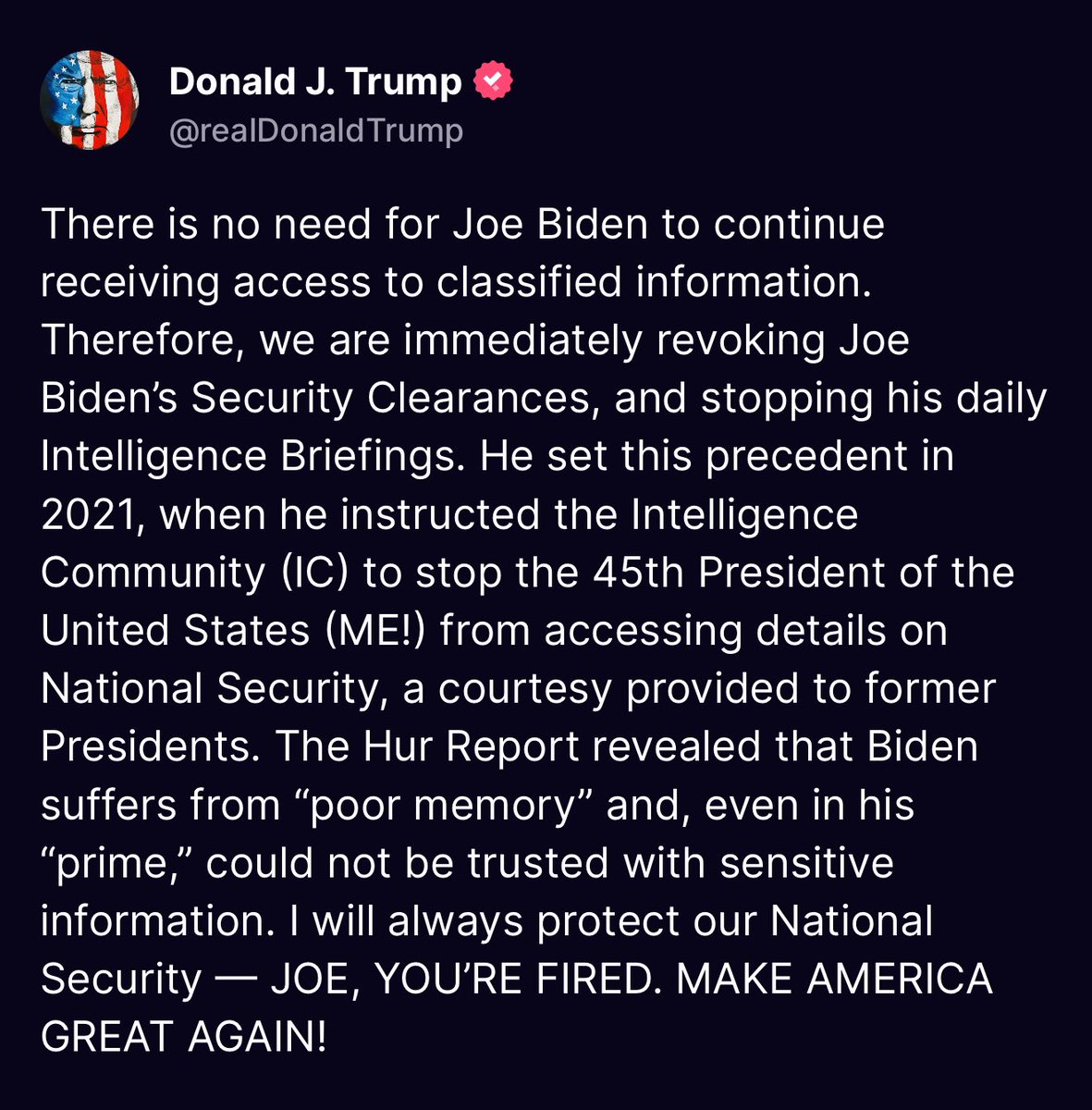 nicksortor's tweet photo. 🚨 #BREAKING: President Trump has REVOKED Joe Biden’s security clearance and terminated his intelligence briefings

GOOD!

It’ll be MUCH tougher for Biden’s handlers to undermine Trump. https://t.co/wPRWAsJ1Lx