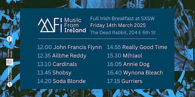 ☘️ Full Irish Breakfast is back @ SXSW ☘️

Live music + breakfast, Irish-style? Sign us up. 🇮🇪🔥 Catch Cardinals, Soda Blonde, M(h)aol, Wynona Bleach, Gurriers &amp; more!

🍳 Breakfast served first-come, first-served.

📍 March 14 | The Dead Rabbit
🕚 11:30 AM – 6:00 PM

RSVP: