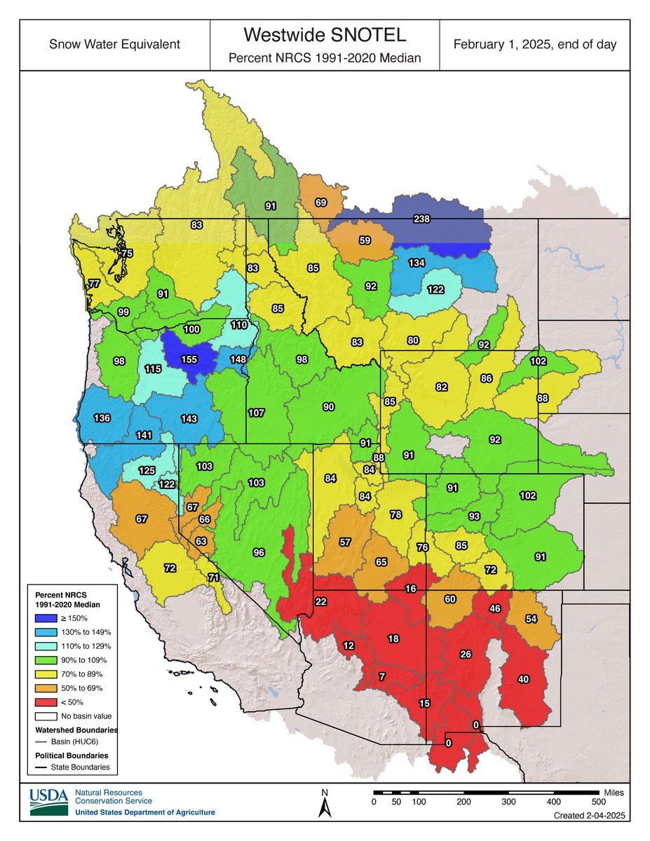 February 1 #snow-water equivalent (SWE) is near to below normal for the majority of the region (CO, UT, WY), with much below normal conditions in southern Utah and southwestern Colorado. How do you predict this will change by March 1?
wwa.colorado.edu/resources/inte…
