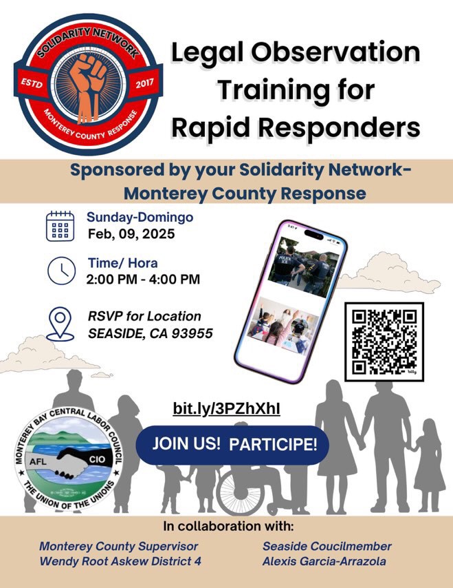 📢 Free Rapid Response Training in Seaside! 📢 

Join Solidarity Network, Councilmember <a href="/alexisarazola/">Alexis Arrazola</a> &amp; Supervisor <a href="/supervisoraskew/">Supervisor Wendy Root Askew</a> on February 9, 2-4 PM, to learn how to safely respond to potential ICE activity. RSVP required for location.

🔗 Sign up: bit.ly/3PZhXhI