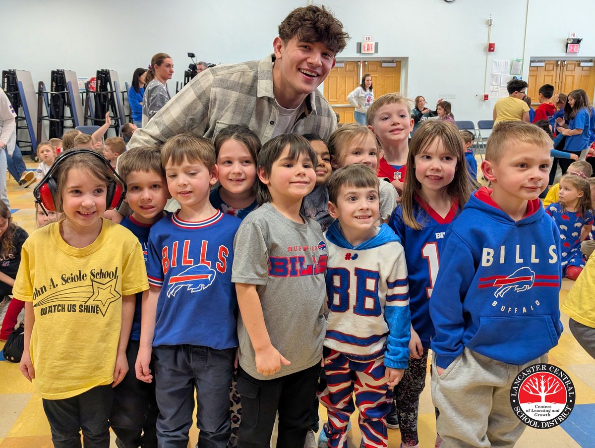 LancasterCSD's tweet photo. John A. Sciole Elementary kicked off Kindness Week with a special guest—former Sciole Star &amp; current Buffalo Bill, @JoeAndreessen! He reminded students that kindness &amp; community go hand in hand. Next week, their kindness efforts support @PUNTpedcancer.  Let’s make a difference! https://t.co/emk1ASLJZj