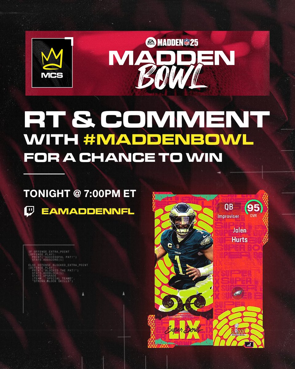 IT'S TIME!

👑Fancy vs. JonBeast 👑

RT &amp; Comment #MaddenBowl for your chance to win 95 OVR Jalen Hurts!!

Make sure to tune in to see who take's home the 🏆twitch.tv/eamaddennfl