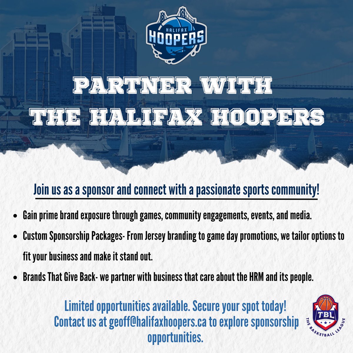 🏀 Stronger Together!🏀  

Basketball brings people together, and so does great community support. The Halifax Hoopers are looking for sponsors who believe in teamwork, on and off the court.  

Let’s build something special together! 💪 contact us at Geoff@halifaxhoopers.ca