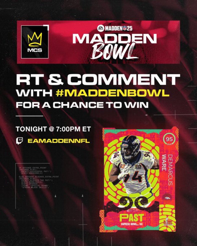 The Madden Bowl is LIVE and we are giving away one of the best players in the game👀 #MaddenBowl

- Follow <a href="/RedHotGaming_/">RedHot Gaming</a>
- RT &amp; Comment with #MaddenBowl 
⏬ Watch Below ⏬

twitch.tv/eamaddennfl