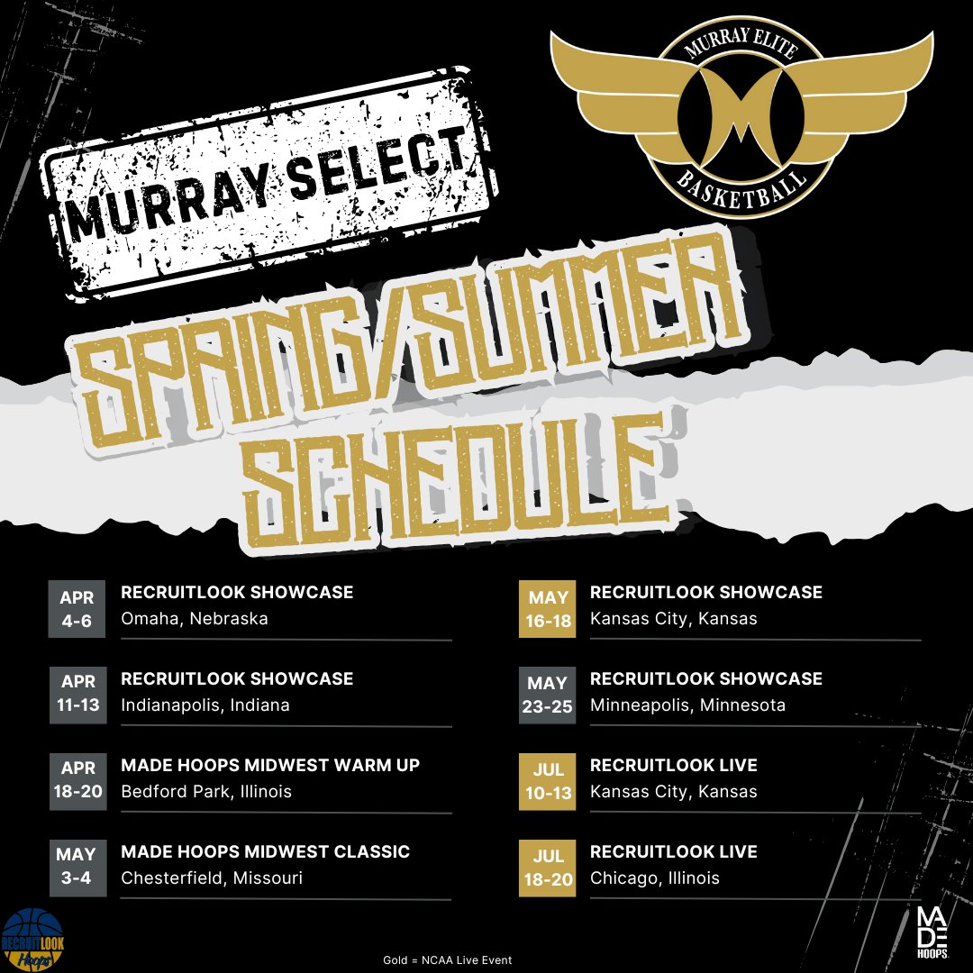 The inaugural Murray Elite HS Spring/Summer schedules are here! 

Heading back to the /// Adidas Gold &amp; the #1 independent league RecruitLook. Along with Made Hoops, we believe this provides us 3 amazing platforms for top competition and opportunities for our student athletes.