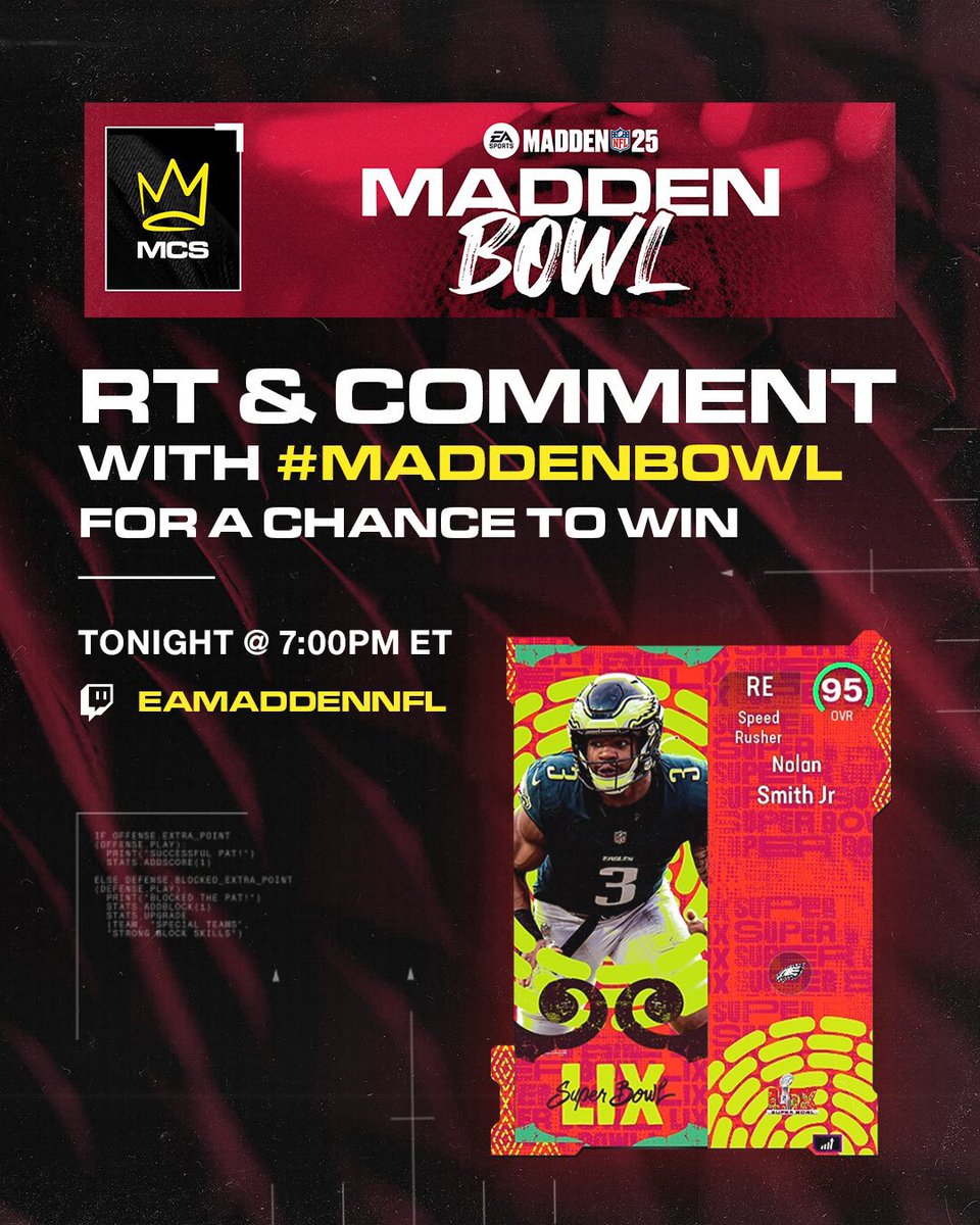 The MCS season comes to an end tonight people!! Excited to see who is crowned the #MaddenBowl champion. Plus we have a giveaway for the people, just make sure to rt and comment #MaddenBowl and who you think will win tonight? 

Tune in at 7pm et on Twitch.tv/eamaddennfl
