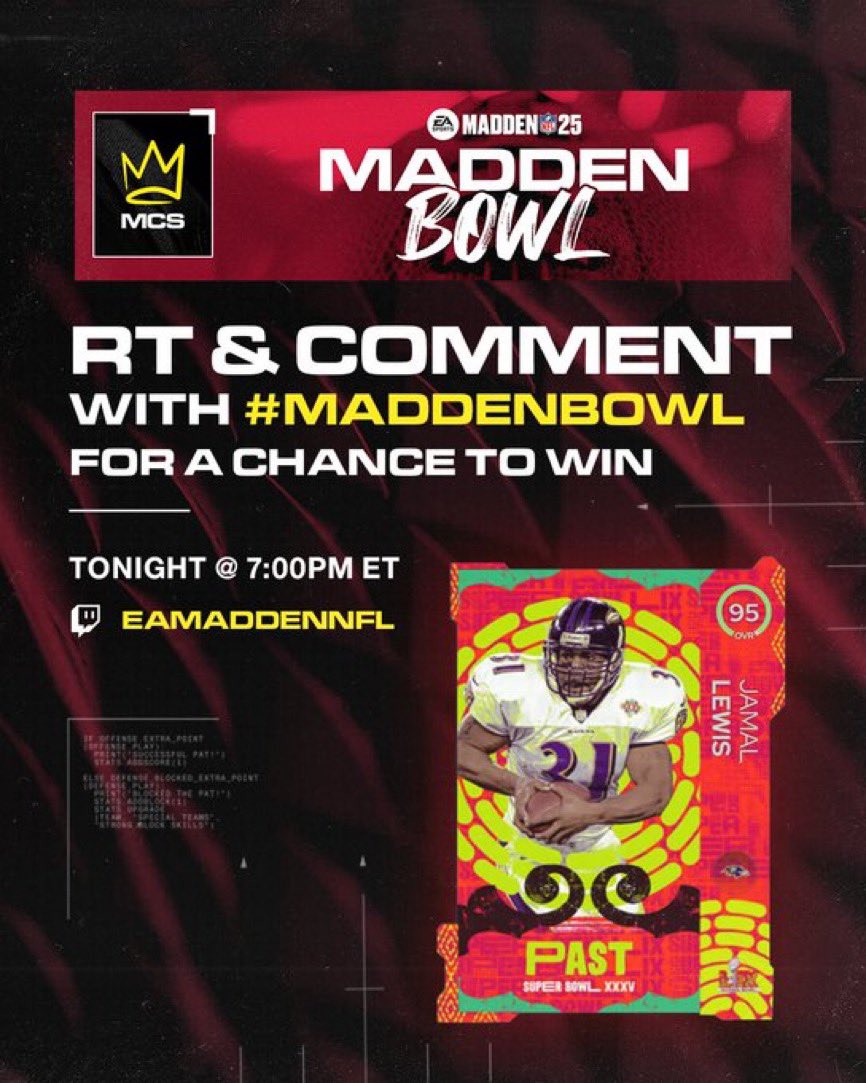 🚨THE MADDEN BOWL FINAL STARTS RIGHT NOW🚨

Follow, RT &amp; Comment with #MaddenBowl for a chance to win one of the best RBS in Madden! 

Make sure to tune in to the broadcast on: twitch.tv/eamaddennfl