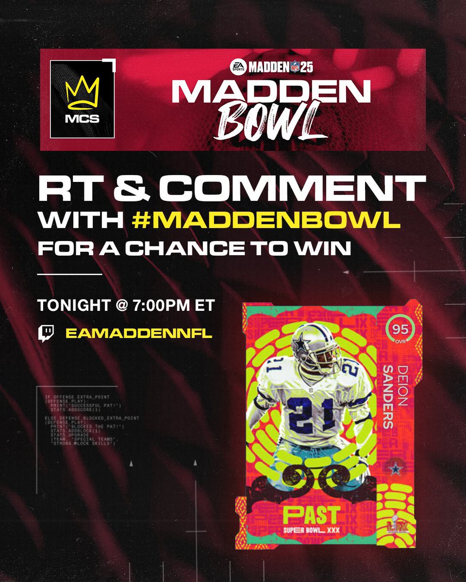 ITS MADDEN BOWL TIME! Follow, RT, and comment using #MaddenBowl with who you have winning tonight, Jonbeast or Fancy, for your chance to win this Deion Sanders!

Tune in NOW at Twitch.tv/eamaddennfl