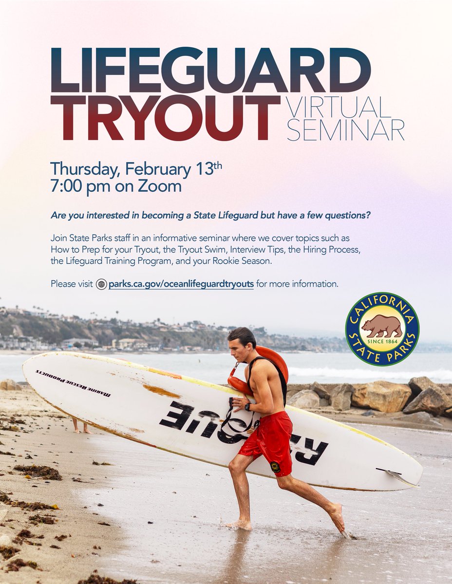 Are you interested in becoming a State #Lifeguard but have a few questions?
Join our staff in a virtual seminar where we cover topics like the tryout swim, #lifeguarding and more!

Thursday, February 13th 7:00 pm on Zoom

More information at
parks.ca.gov/oceanlifeguard… (link in bio).